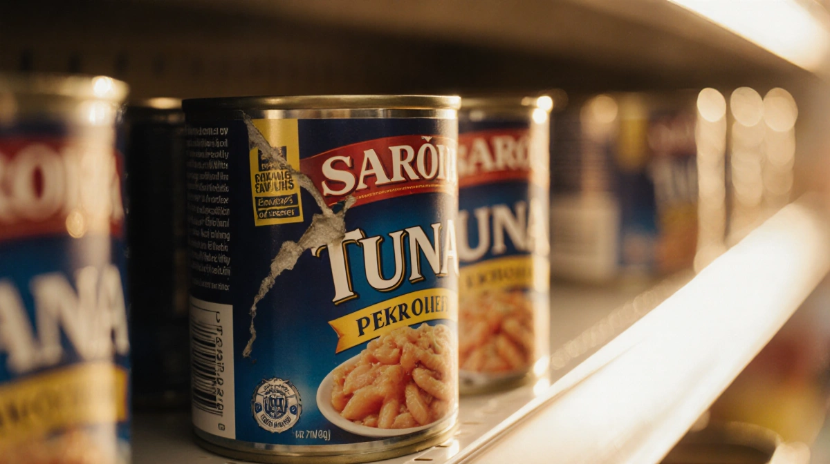 Tuna cans scattered across grocery shelf with torn label and dented can showing contamination concern