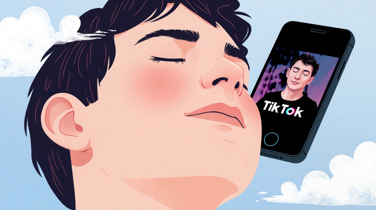 Serene person gazes upward with closed eyes and faded phone showing their TikTok story with peaceful connection