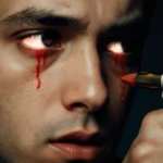 Person using safety gear at training range with protective equipment and warning signs