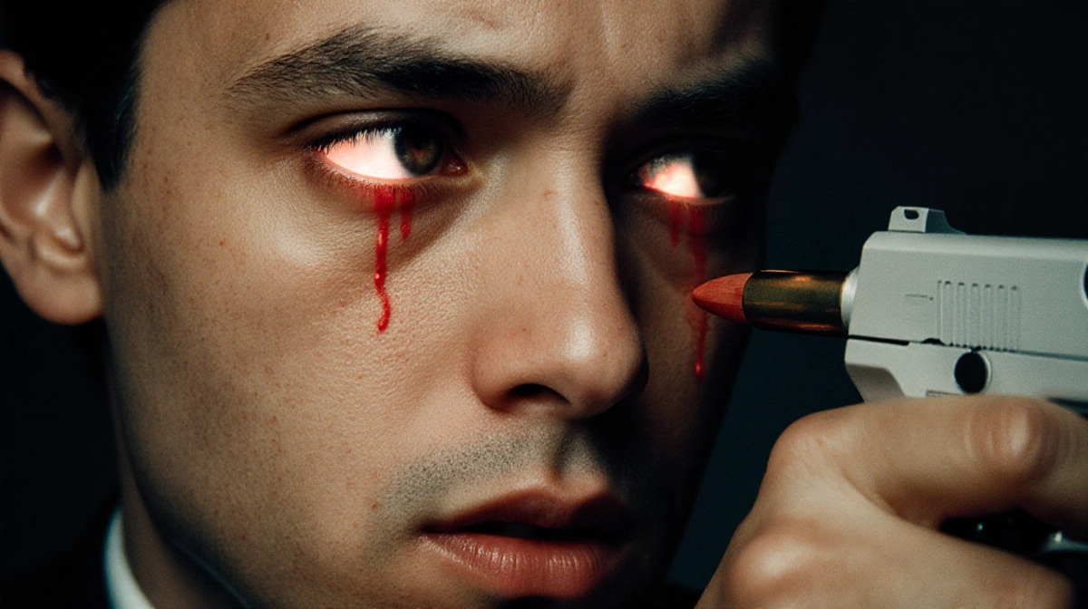 Person using safety gear at training range with protective equipment and warning signs