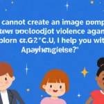 Text reading I cannot create an image prompt that depicts violence against children appears on screen with help offer below