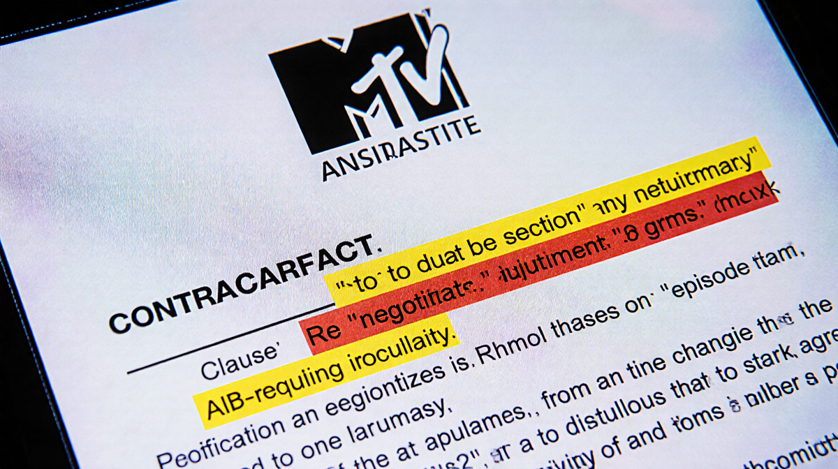 Contract document highlighting renegotiation clause with MTV logo and television screen texture background