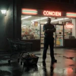 Neild standing near abandoned grocery cart with pilfered goods and security camera in background.