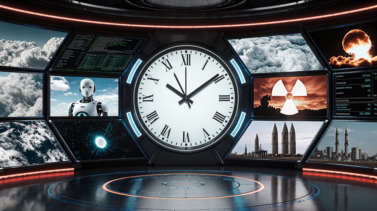Doomsday Clock ticks toward midnight with neon screens showing climate crisis data AI threats and missile silos in a lab