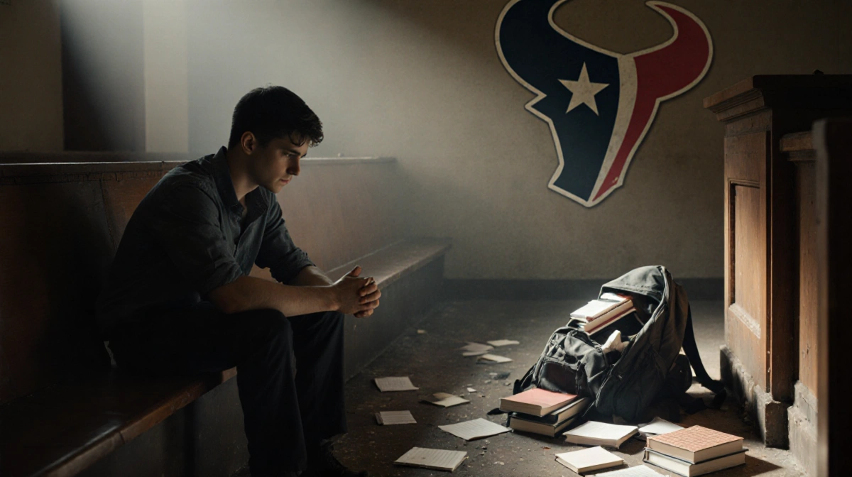 Cooper sits with clasped hands looking at his wrists with open backpack spilling books and notes onto courtroom floor