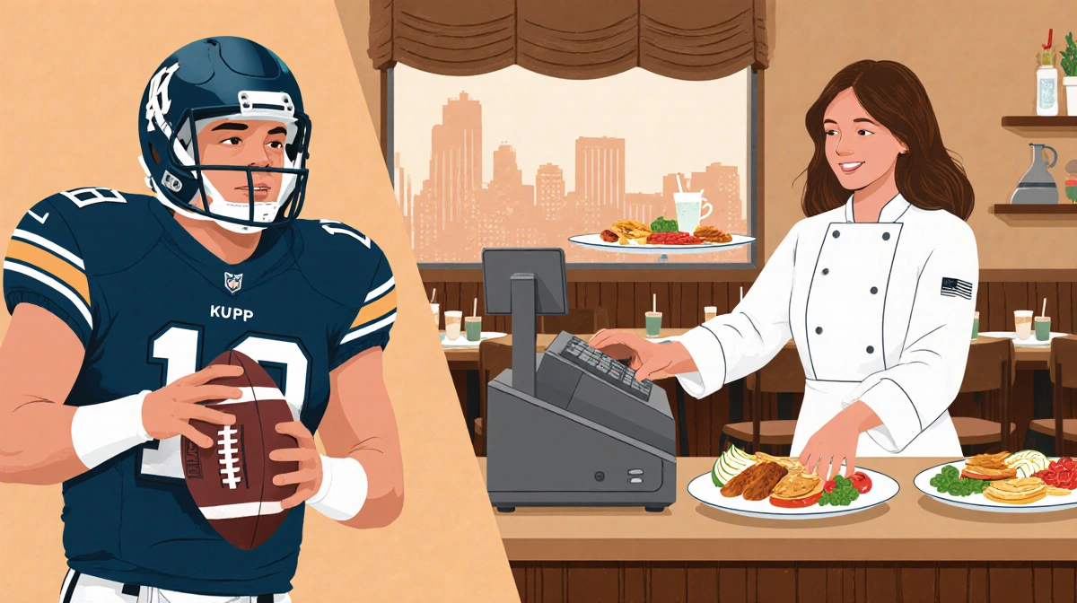 Cooper Kupp in football gear stands opposite Anna Kupp managing restaurant cash register with trays and local diner setting