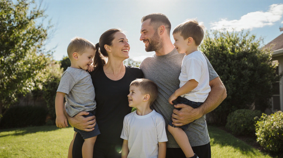 Anna Marie Kupp embraces her sons with Cooper Kupp in their backyard showing family love and football season balance