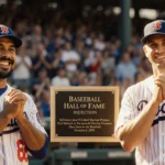 Baseball players Beltrán and Jones celebrating with baseball Hall of Fame plaque between them.
