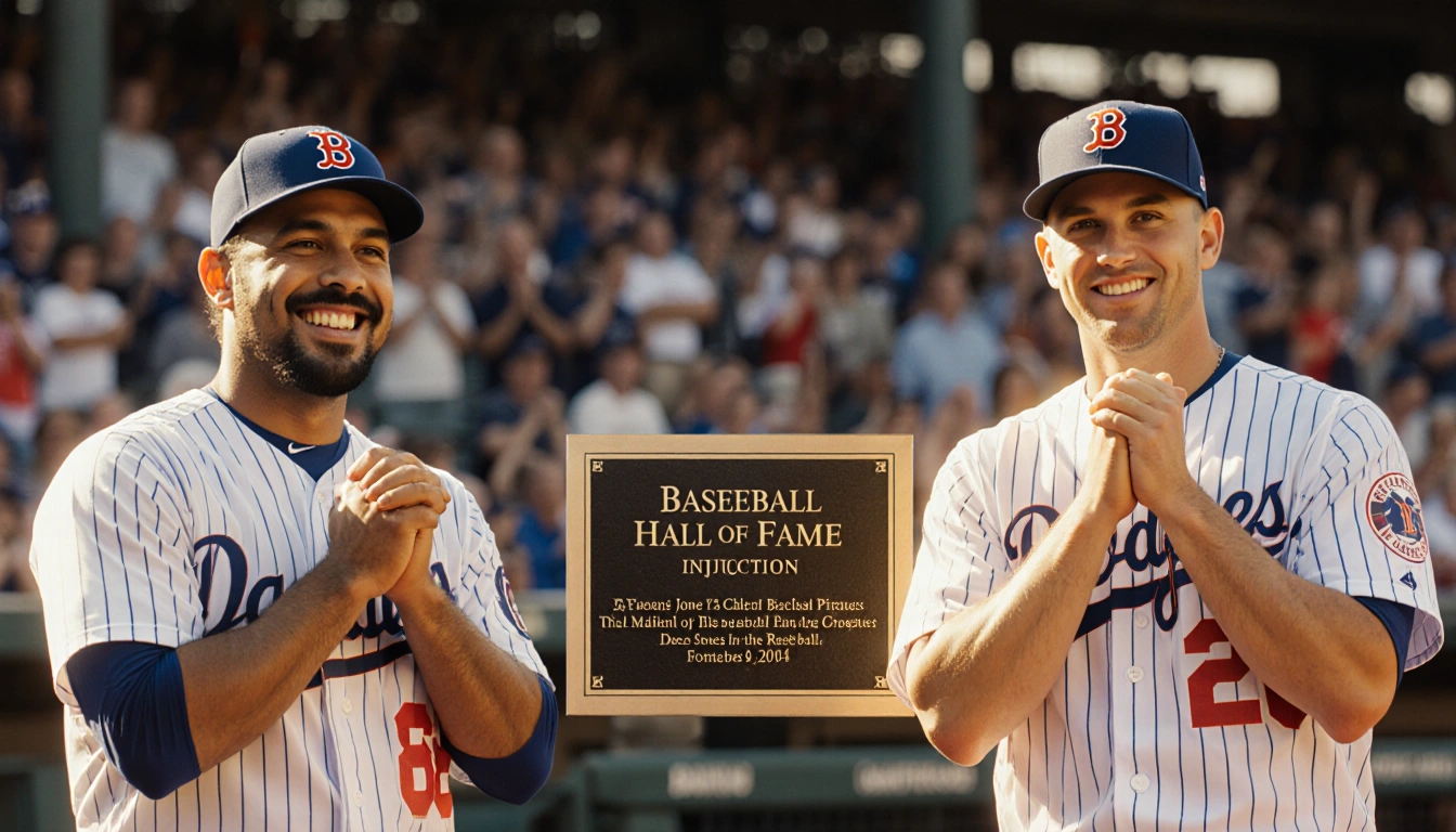 Baseball players Beltrán and Jones celebrating with baseball Hall of Fame plaque between them.