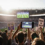 Fans cheer with smartphones showing Copa del Rey livestream of Racing Santander vs Barcelona match