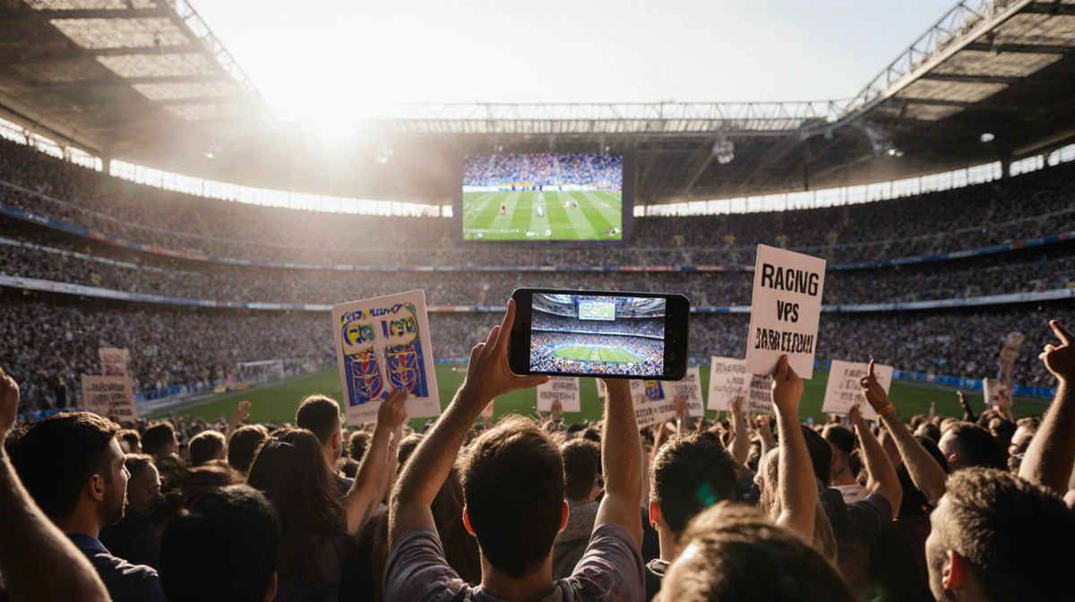 Fans cheer with smartphones showing Copa del Rey livestream of Racing Santander vs Barcelona match
