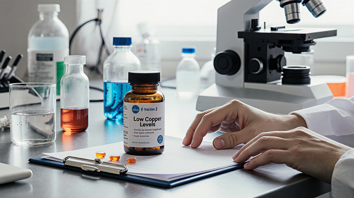 Hands gently handling copper supplement bottle with clipboard label on sterile laboratory table