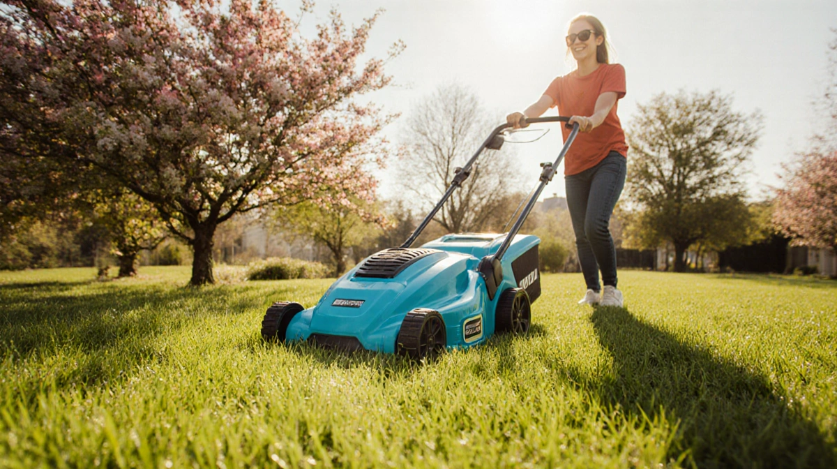 Person mowing lush green lawn with bright blue cordless electric mower and blooming flowers in warm sunlight