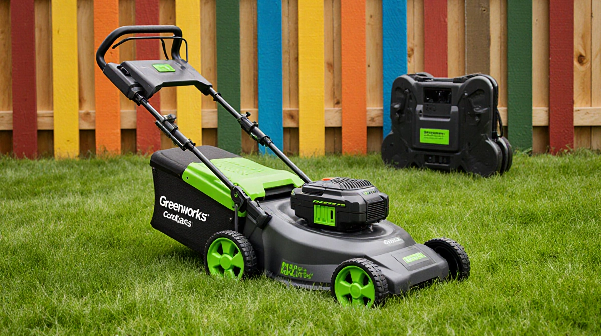 Compact cordless lawn mower stands on trimmed grass with battery removed and folding frame showing height settings
