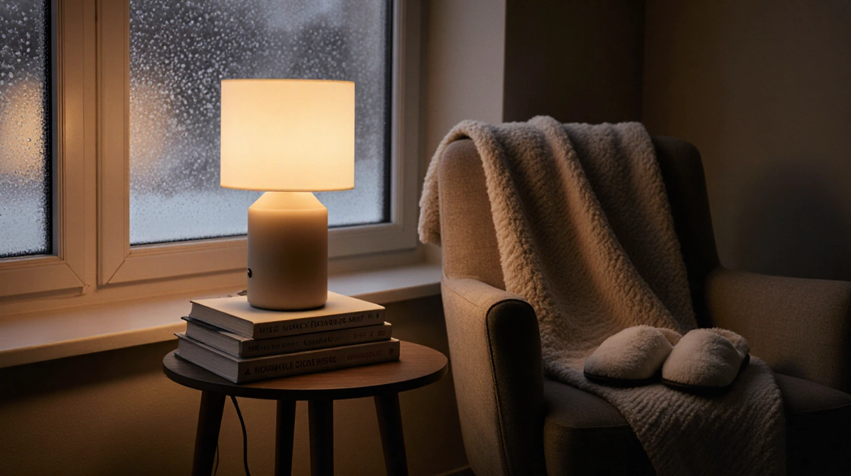 Cordless table lamp glows warmly on bedside table with books and slippers creating cozy winter evening
