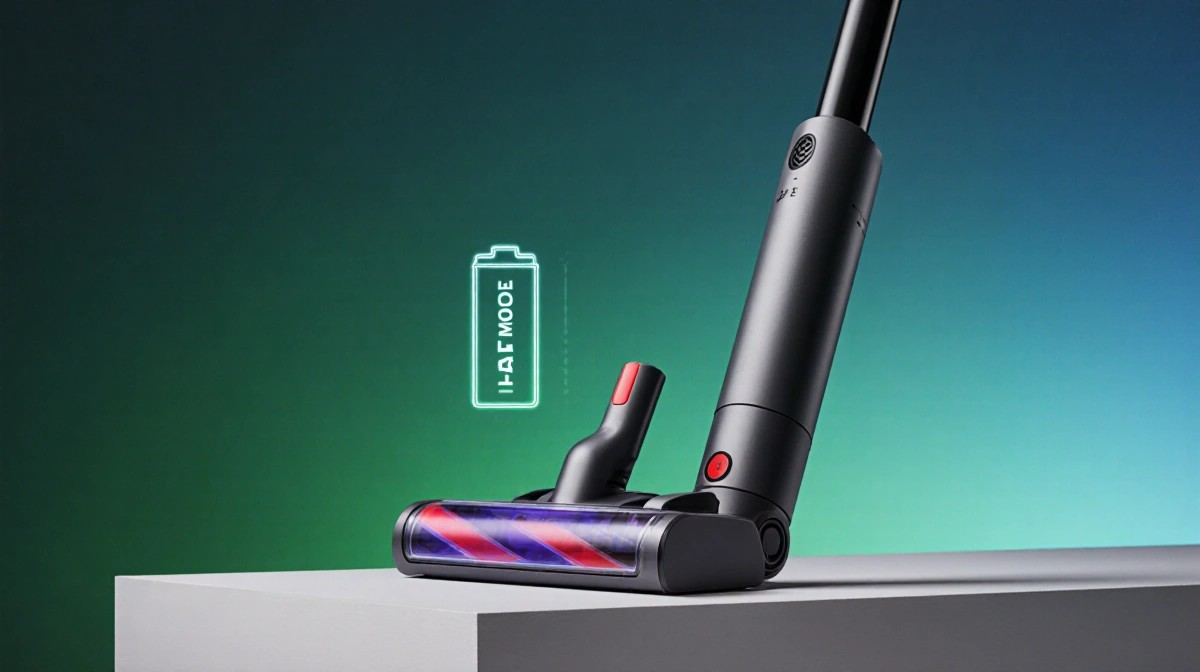 Cordless vacuum cleaner charging detachable battery with LED display showing 45 minutes remaining and eco-friendly gradient b