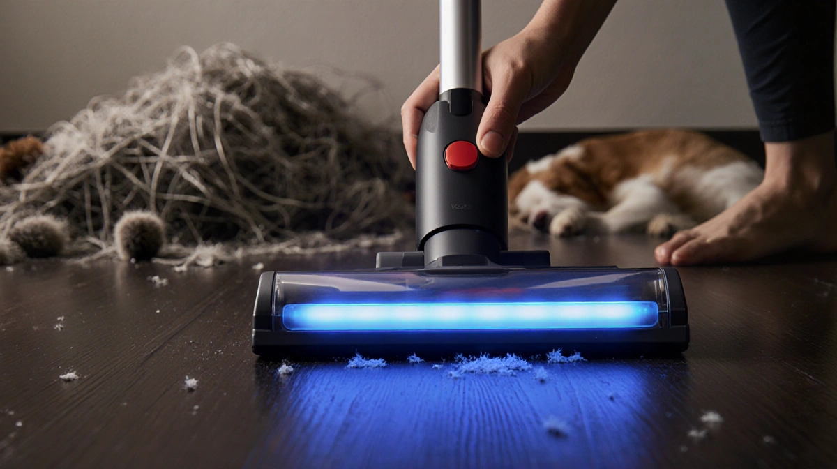 Hand guides cordless vacuum with blue light bar across dark hardwood floor showing clean trail and pet hair mess