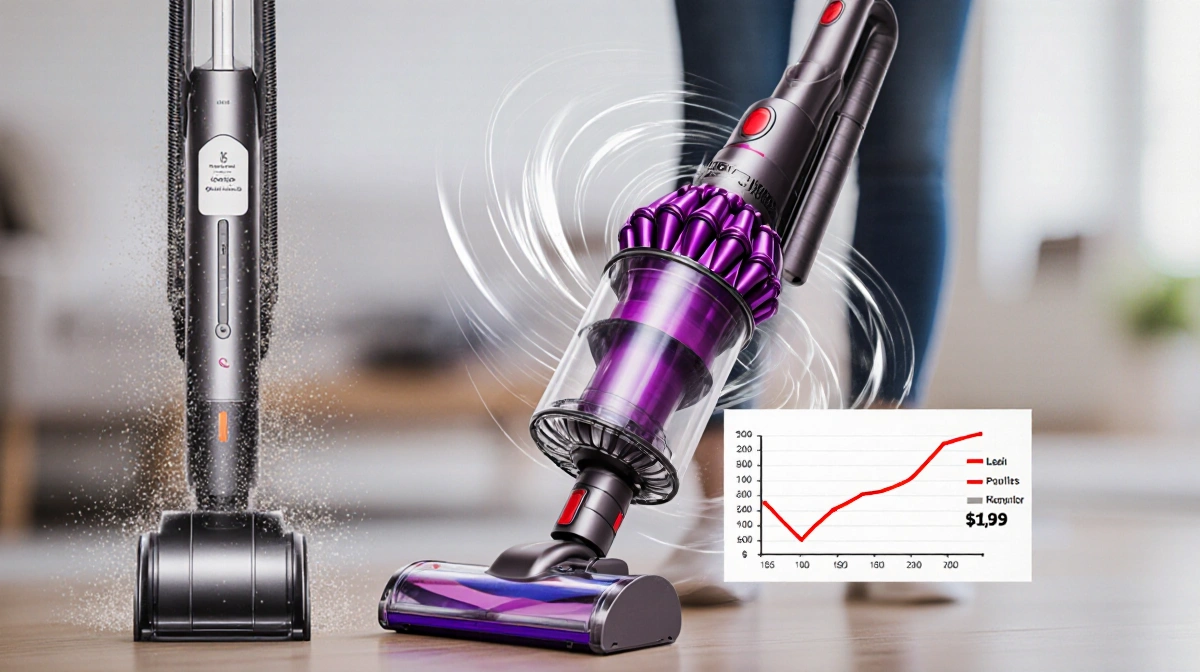 Cordless vacuum cleaner shows powerful suction with swirling dust particles and affordable price tag beside Dyson comparison 