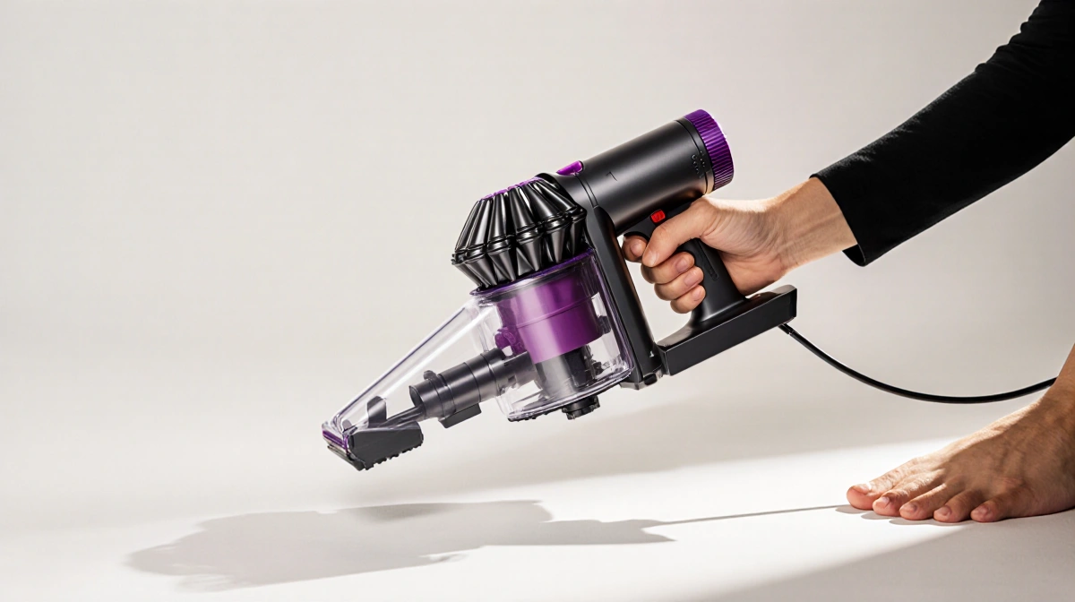Hands holding cordless vacuum with cord wrapped around handle and foot shadow behind on white background