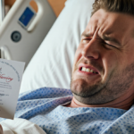 Corey Harrison wearing a hospital gown sits up in bed wincing while holding a wedding invitation photo and looking at it.