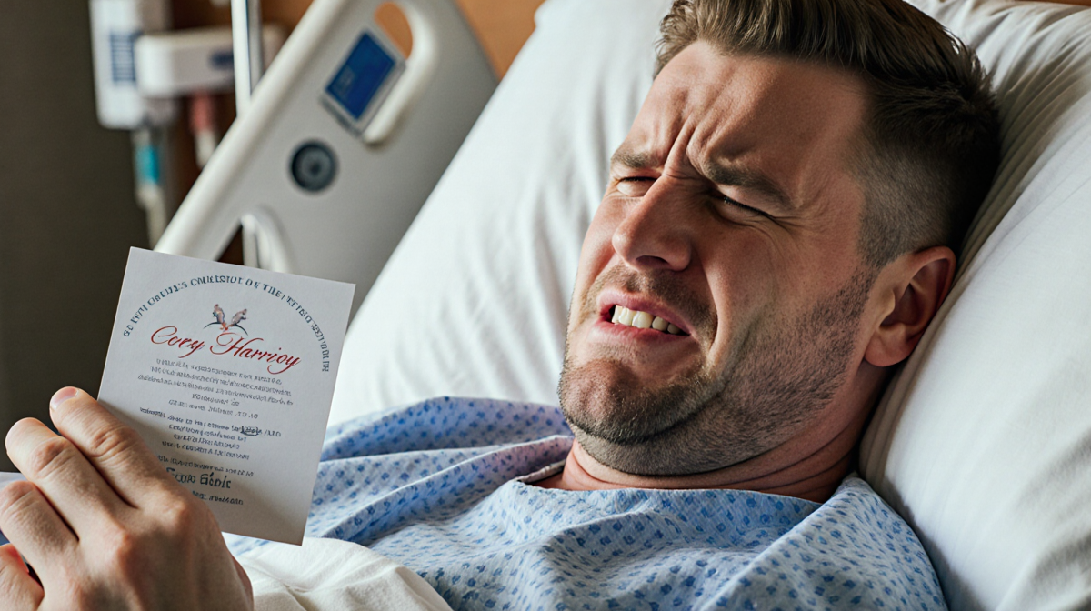 Corey Harrison wearing a hospital gown sits up in bed wincing while holding a wedding invitation photo and looking at it.