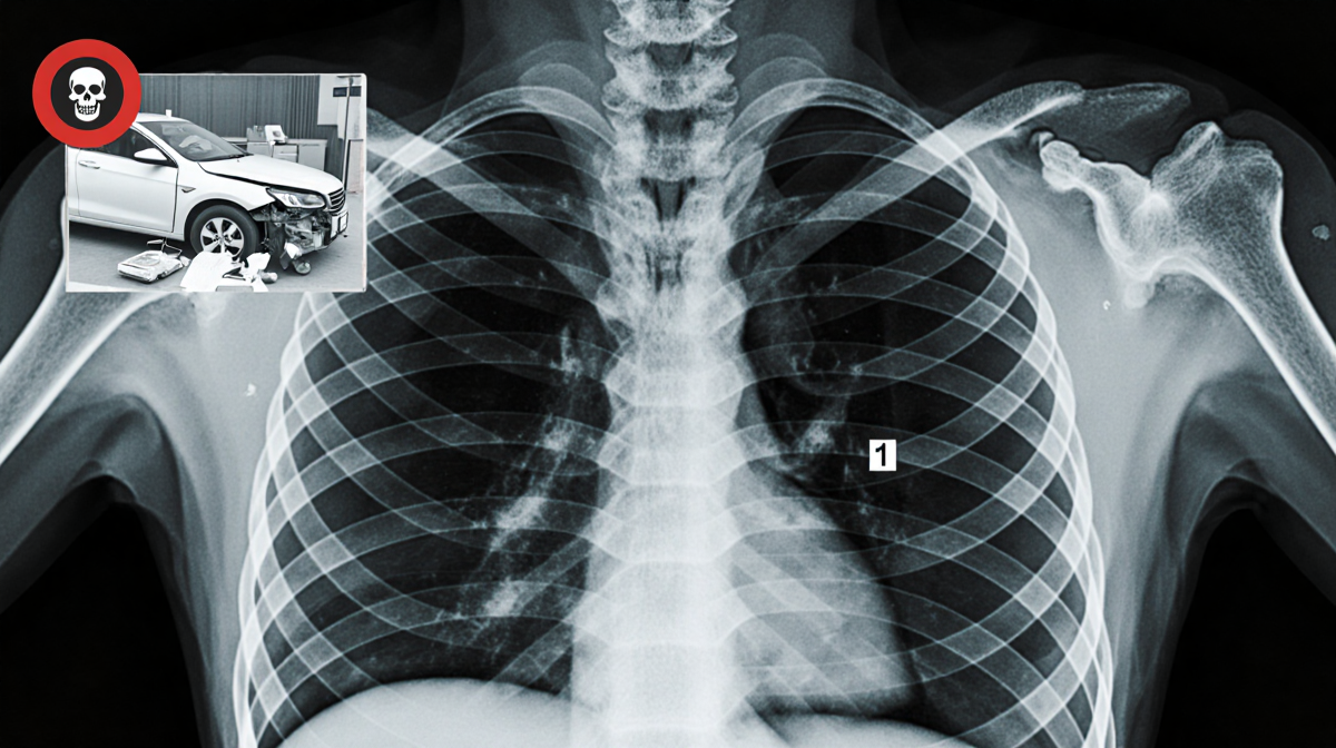 Chart illustrates 11 rib fractures with faint car accident background and dim hospital lighting.