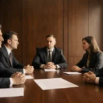 Corporate team discussing contract with serious expressions and scattered papers on wooden table