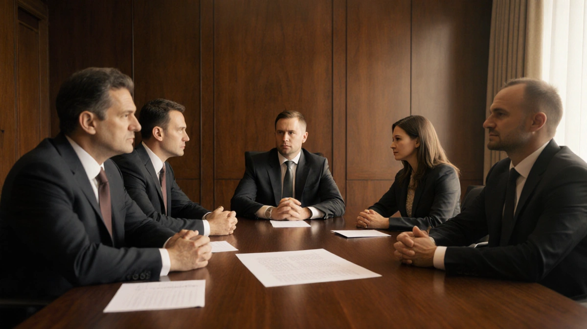 Corporate team discussing contract with serious expressions and scattered papers on wooden table