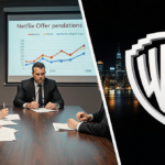 Executives debate over Netflix offer chart with Warner Bros logo glowing in black background