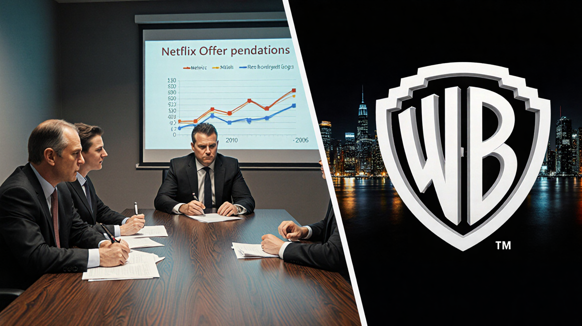 Executives debate over Netflix offer chart with Warner Bros logo glowing in black background