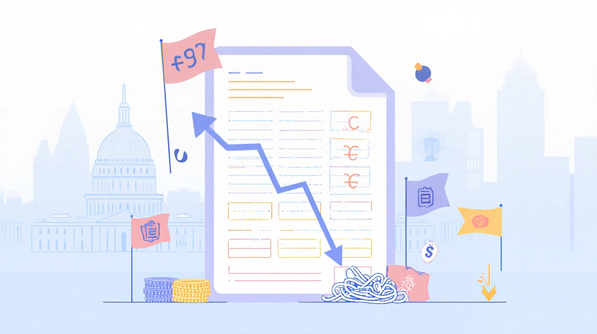 Corporate ledger showing downward trend arrow with reduced friction milestone and regulatory compliance icons