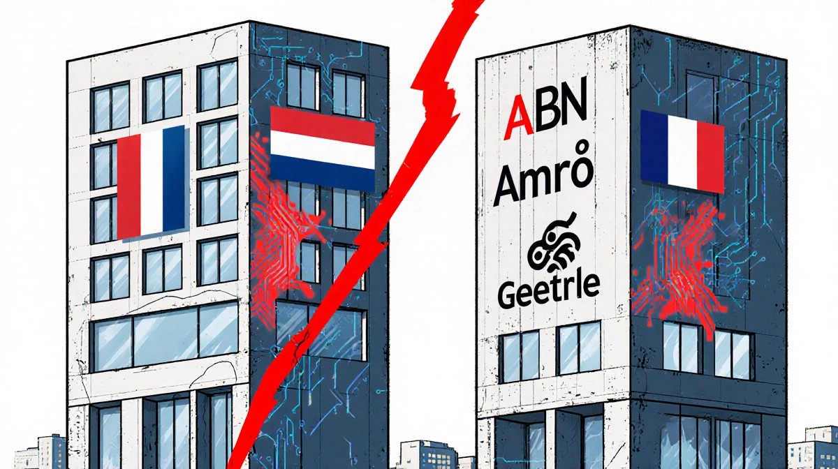 Red lines slice through two office buildings with Dutch flag and French tricolor and glitchy windows.