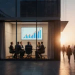 Business team reviews revenue growth chart in conference room with sunset light and people outside building