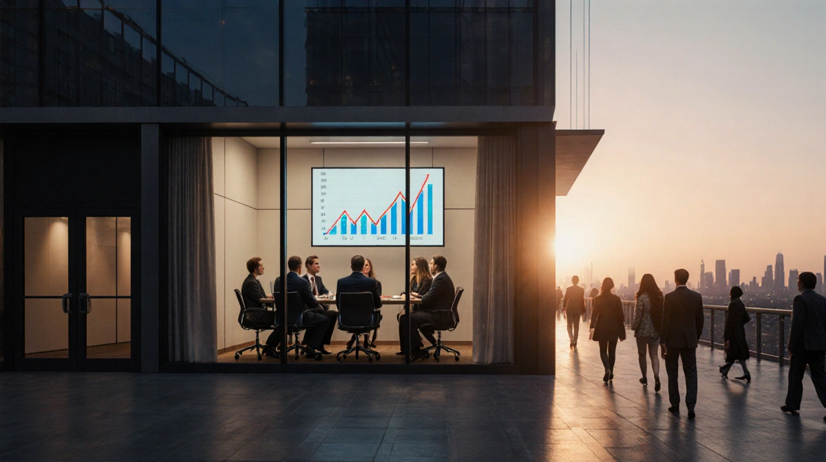 Business team reviews revenue growth chart in conference room with sunset light and people outside building