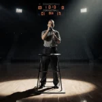 Referee stands under spotlight holding whistle with abandoned basketball court and stadium seats visible behind