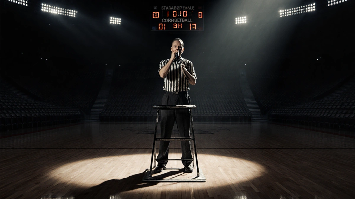 Referee stands under spotlight holding whistle with abandoned basketball court and stadium seats visible behind