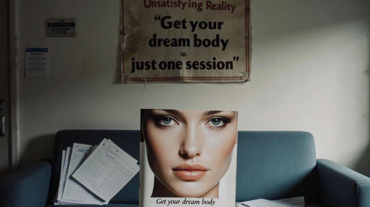 Magazine cutout of a model hanging with faded poster promising cosmetic surgery in dim waiting room.