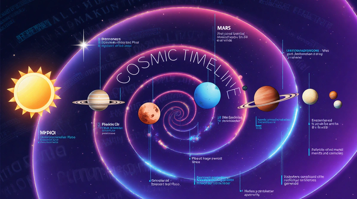 Cosmic timeline spiral flows upward with planetary symbols and neon fragments revealing hidden truths