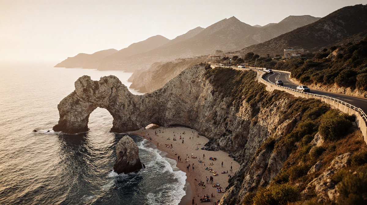 Rocky Costa Brava cliffs rise above the Mediterranean with cars parked at scenic overlooks and mountains rising in the distan