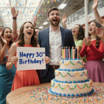 Ally Putnam holds a Birthday sign with Max surprised and friends near a giant cake at Costco Food Court.