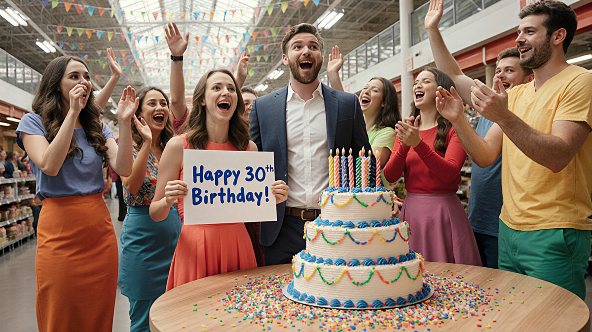 Ally Putnam holds a Birthday sign with Max surprised and friends near a giant cake at Costco Food Court.