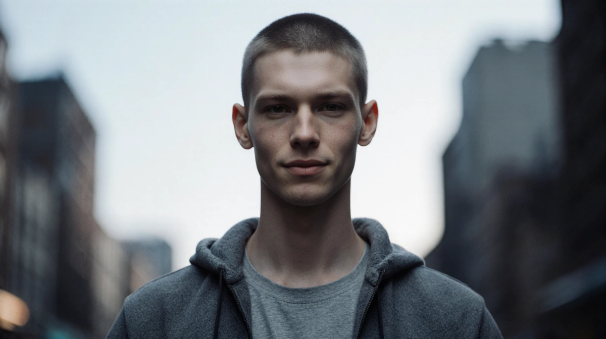 Slim person stands with neutral expression and slight smile against blurred city skyline showing urban anonymity