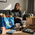 Person sits on couch with coffee and Amazon Prime streaming devices