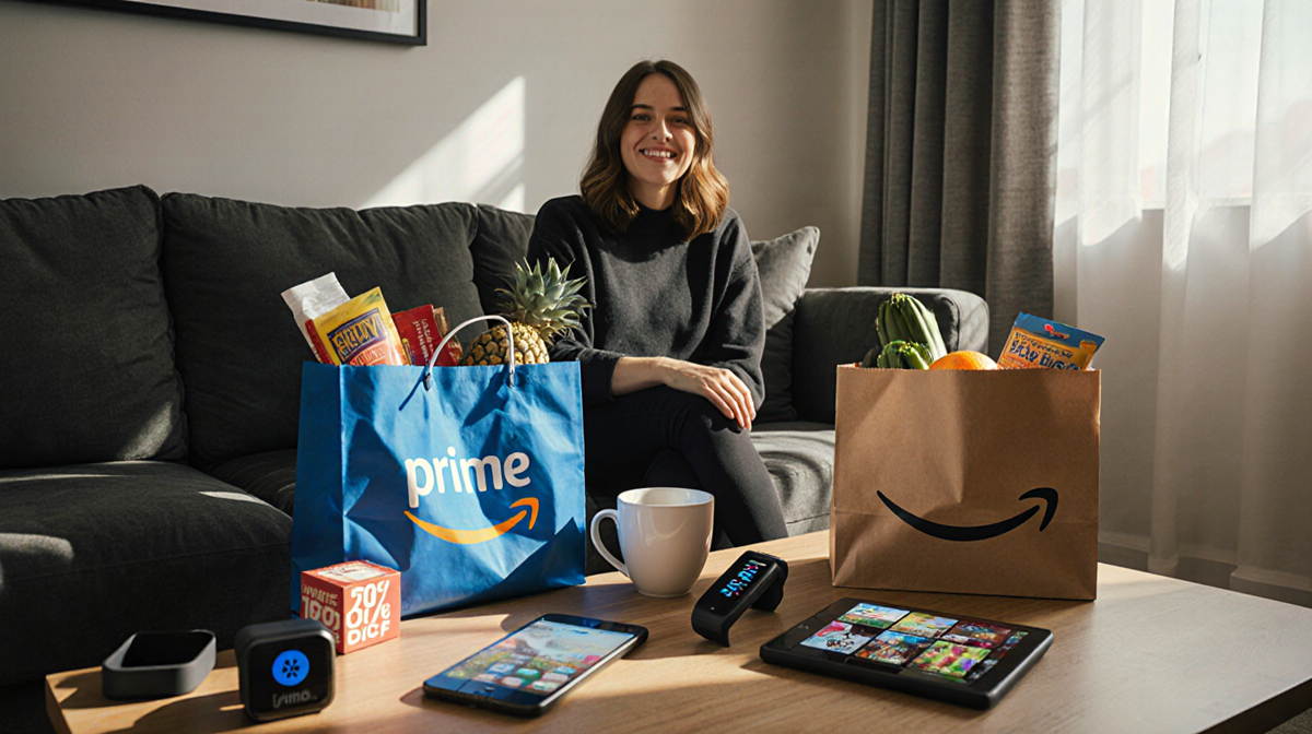Person sits on couch with coffee and Amazon Prime streaming devices