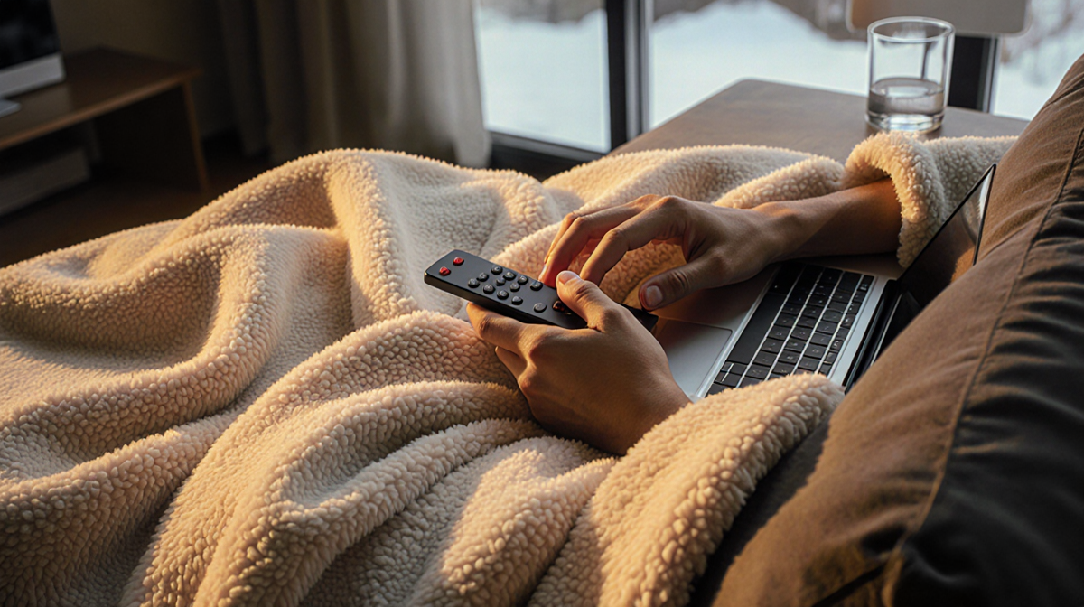 Person snuggling on couch with heated blanket and remote warm golden light illuminating cozy scene near chilled glass