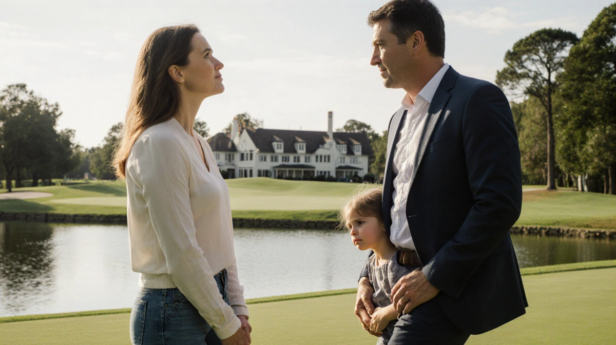 Man protecting daughter behind him while wife stands nearby with country club and lake in background