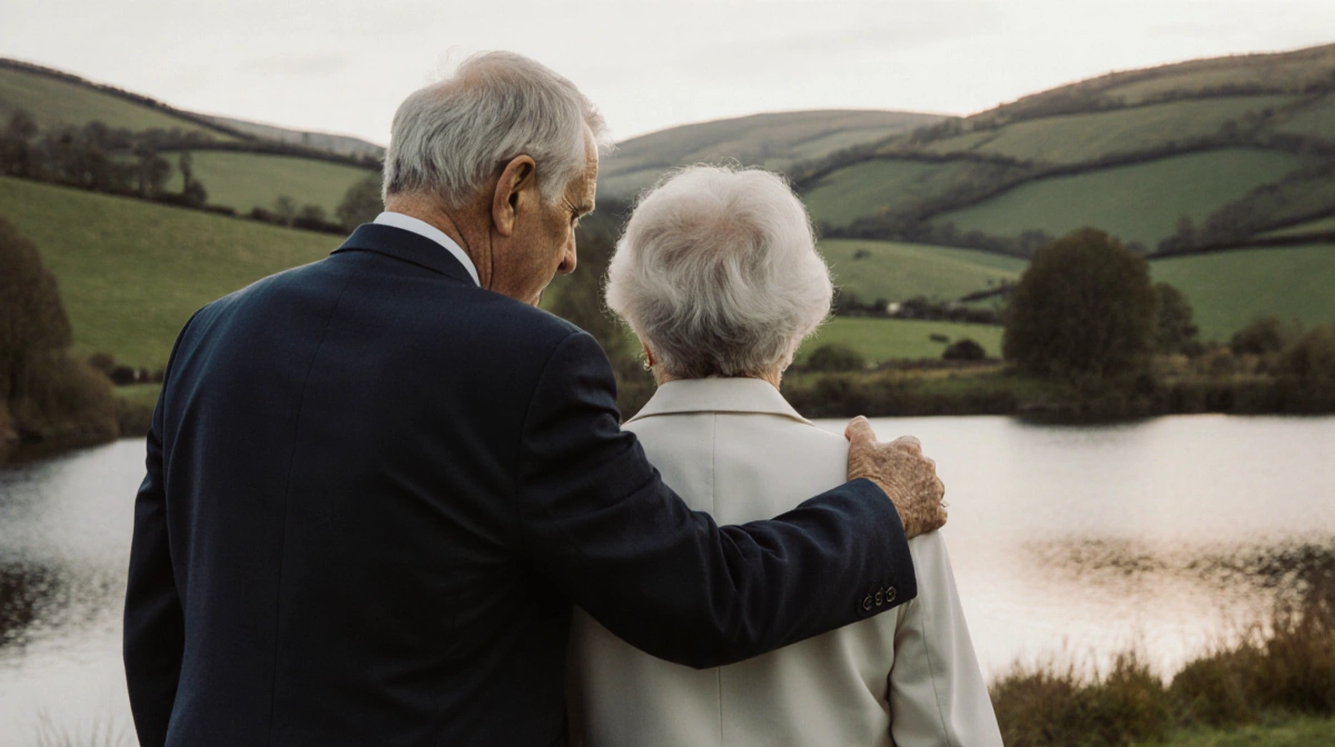 John comforts his wife with his hand on her shoulder as they stand together before rolling hills and hold their wedding photo