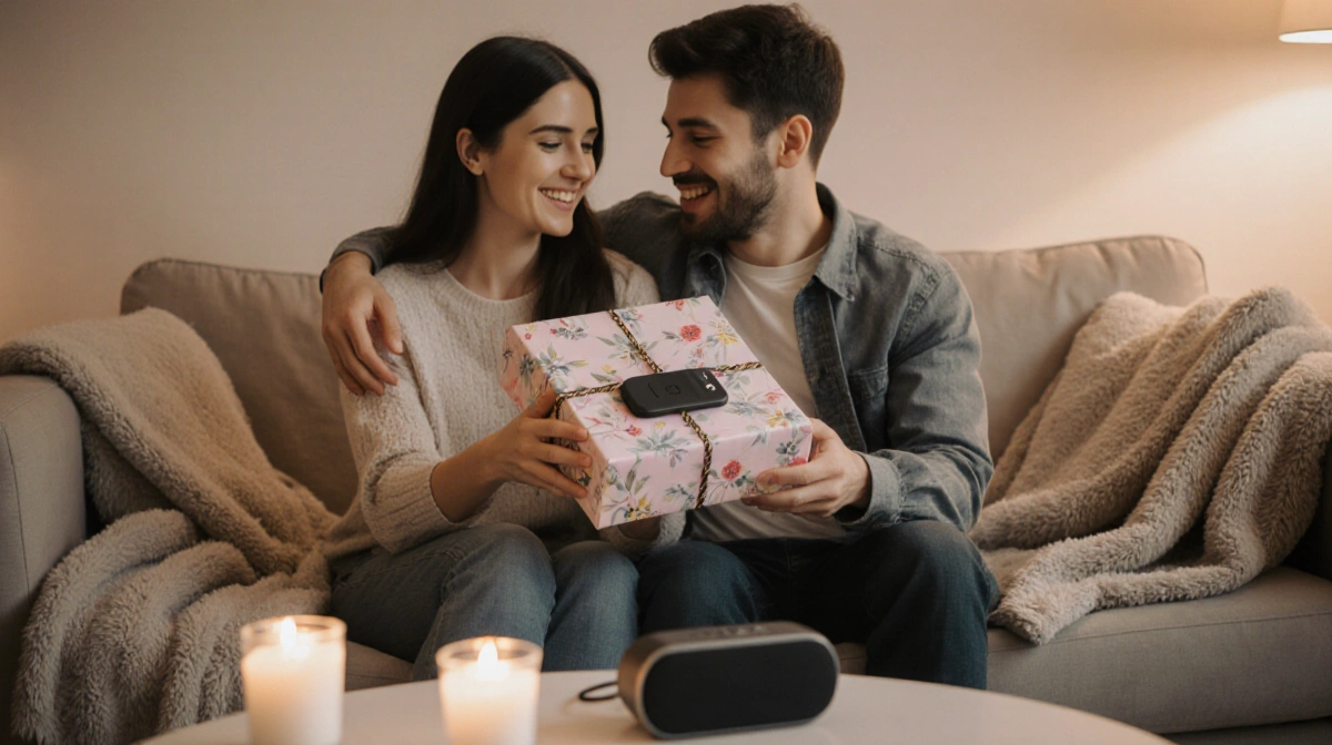 Young couple sharing gift on couch with candlelight and speaker playing romantic music