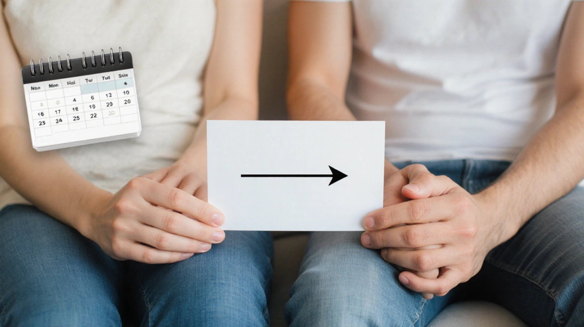 Couple holding hands on couch with white arrow slip between them and blurred calendar in background