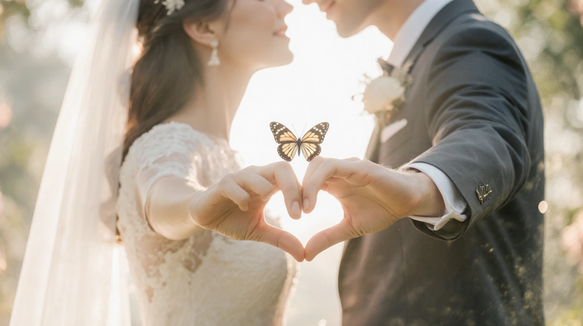 Couple forming infinity symbol with hands while butterfly rests on their fingers and soft light glows around their romantic e